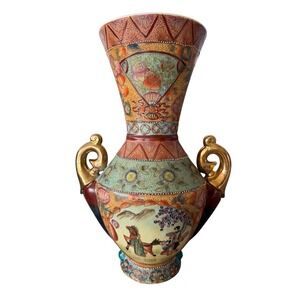 Vintage Satsuma Moriage Vase Large 18 Inch Gold Handles Japanese Ceramic Floral